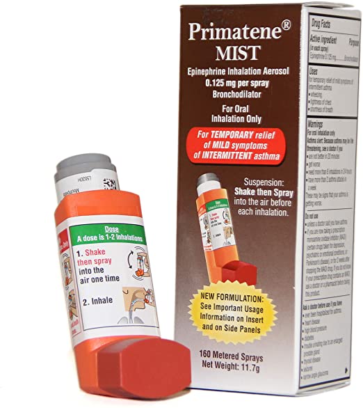 Primatene Mist Epinephrine Inhalation Aerosol 160 Metered Sprays Over-The-Counter Asthma Inhaler