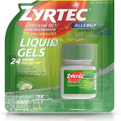 Zyrtec 24 Hour Indoor & Outdoor Allergy Liquid Gels, Antihistamine Capsules with Cetirizine Hydrochloride for All-Day Allergy Relief, 25 ct