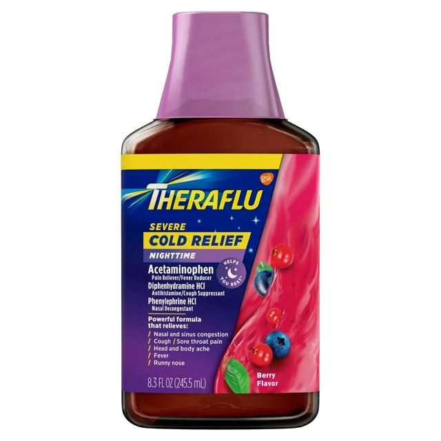 Theraflu Expressmax Severe Cough Cold and Flu Nighttime Relief Medicine Syrup, Berry, 8.3 Oz