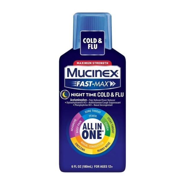 Mucinex Fast Max Maximum Strength Night Time Cold and Flu Liquid 6 Oz